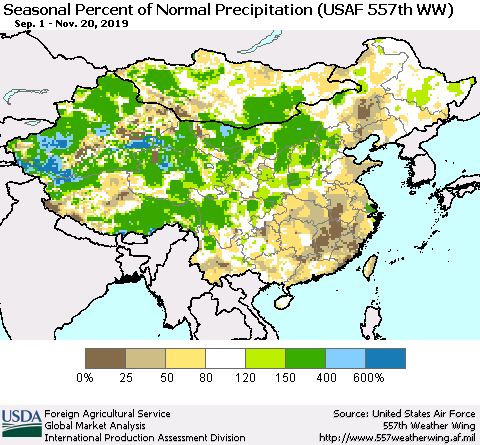 China, Mongolia and Taiwan Seasonal Percent of Normal Precipitation (USAF 557th WW) Thematic Map For 9/1/2019 - 11/20/2019