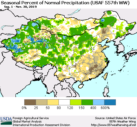 China, Mongolia and Taiwan Seasonal Percent of Normal Precipitation (USAF 557th WW) Thematic Map For 9/1/2019 - 11/30/2019