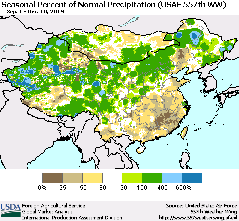 China, Mongolia and Taiwan Seasonal Percent of Normal Precipitation (USAF 557th WW) Thematic Map For 9/1/2019 - 12/10/2019
