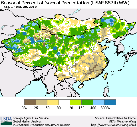 China, Mongolia and Taiwan Seasonal Percent of Normal Precipitation (USAF 557th WW) Thematic Map For 9/1/2019 - 12/20/2019
