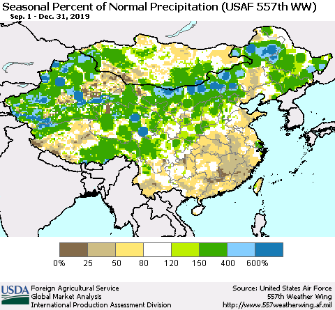 China, Mongolia and Taiwan Seasonal Percent of Normal Precipitation (USAF 557th WW) Thematic Map For 9/1/2019 - 12/31/2019