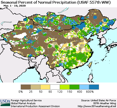 China, Mongolia and Taiwan Seasonal Percent of Normal Precipitation (USAF 557th WW) Thematic Map For 3/1/2020 - 3/10/2020