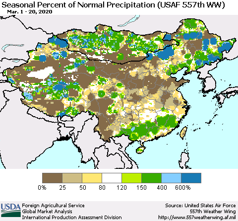 China, Mongolia and Taiwan Seasonal Percent of Normal Precipitation (USAF 557th WW) Thematic Map For 3/1/2020 - 3/20/2020