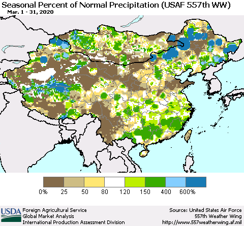 China, Mongolia and Taiwan Seasonal Percent of Normal Precipitation (USAF 557th WW) Thematic Map For 3/1/2020 - 3/31/2020