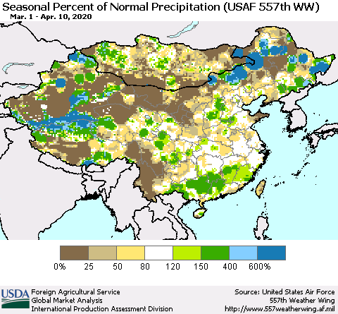 China, Mongolia and Taiwan Seasonal Percent of Normal Precipitation (USAF 557th WW) Thematic Map For 3/1/2020 - 4/10/2020