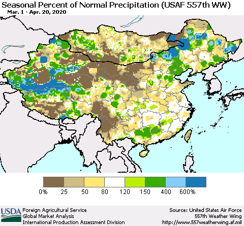 China, Mongolia and Taiwan Seasonal Percent of Normal Precipitation (USAF 557th WW) Thematic Map For 3/1/2020 - 4/20/2020
