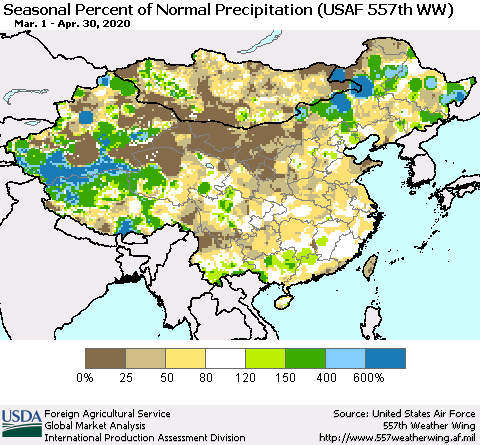 China, Mongolia and Taiwan Seasonal Percent of Normal Precipitation (USAF 557th WW) Thematic Map For 3/1/2020 - 4/30/2020