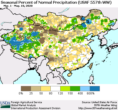 China, Mongolia and Taiwan Seasonal Percent of Normal Precipitation (USAF 557th WW) Thematic Map For 3/1/2020 - 5/10/2020