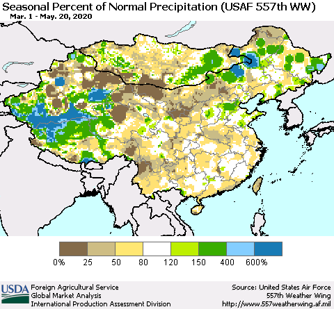 China, Mongolia and Taiwan Seasonal Percent of Normal Precipitation (USAF 557th WW) Thematic Map For 3/1/2020 - 5/20/2020