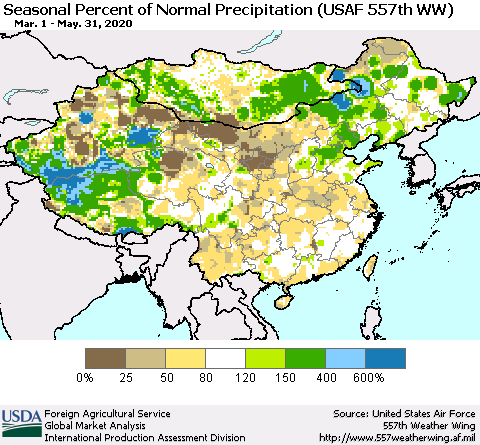 China, Mongolia and Taiwan Seasonal Percent of Normal Precipitation (USAF 557th WW) Thematic Map For 3/1/2020 - 5/31/2020