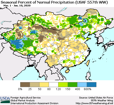 China, Mongolia and Taiwan Seasonal Percent of Normal Precipitation (USAF 557th WW) Thematic Map For 3/1/2020 - 6/10/2020