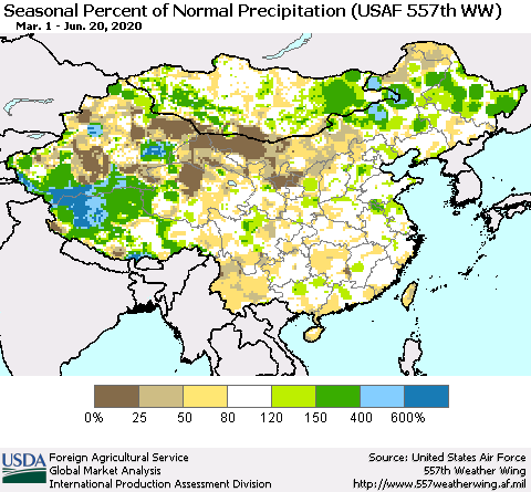 China, Mongolia and Taiwan Seasonal Percent of Normal Precipitation (USAF 557th WW) Thematic Map For 3/1/2020 - 6/20/2020