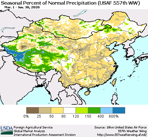 China, Mongolia and Taiwan Seasonal Percent of Normal Precipitation (USAF 557th WW) Thematic Map For 3/1/2020 - 6/30/2020