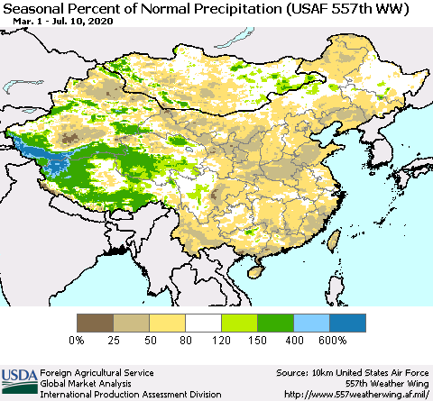 China, Mongolia and Taiwan Seasonal Percent of Normal Precipitation (USAF 557th WW) Thematic Map For 3/1/2020 - 7/10/2020
