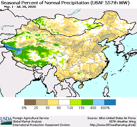 China, Mongolia and Taiwan Seasonal Percent of Normal Precipitation (USAF 557th WW) Thematic Map For 3/1/2020 - 7/20/2020