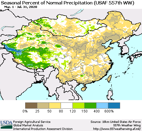 China, Mongolia and Taiwan Seasonal Percent of Normal Precipitation (USAF 557th WW) Thematic Map For 3/1/2020 - 7/31/2020