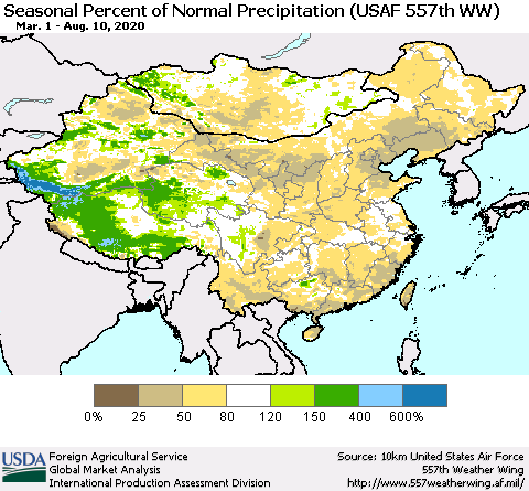 China, Mongolia and Taiwan Seasonal Percent of Normal Precipitation (USAF 557th WW) Thematic Map For 3/1/2020 - 8/10/2020