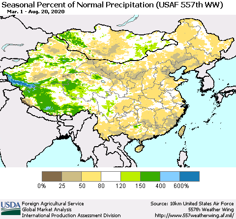 China, Mongolia and Taiwan Seasonal Percent of Normal Precipitation (USAF 557th WW) Thematic Map For 3/1/2020 - 8/20/2020