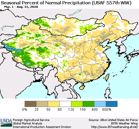 China, Mongolia and Taiwan Seasonal Percent of Normal Precipitation (USAF 557th WW) Thematic Map For 3/1/2020 - 8/31/2020
