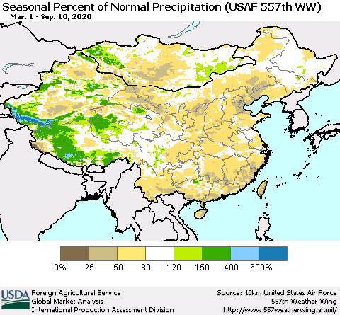 China, Mongolia and Taiwan Seasonal Percent of Normal Precipitation (USAF 557th WW) Thematic Map For 3/1/2020 - 9/10/2020