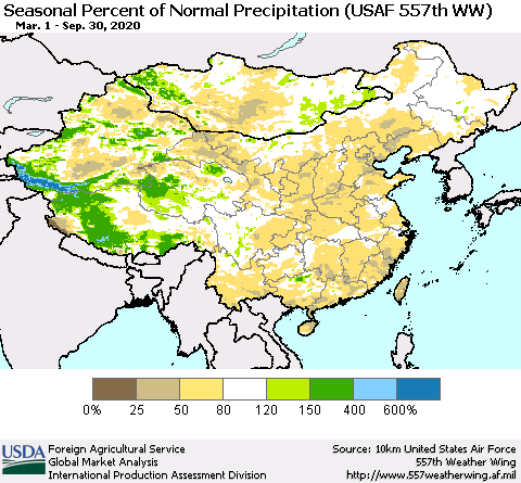 China, Mongolia and Taiwan Seasonal Percent of Normal Precipitation (USAF 557th WW) Thematic Map For 3/1/2020 - 9/30/2020