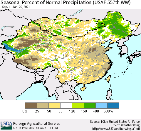 China, Mongolia and Taiwan Seasonal Percent of Normal Precipitation (USAF 557th WW) Thematic Map For 9/1/2020 - 1/20/2021