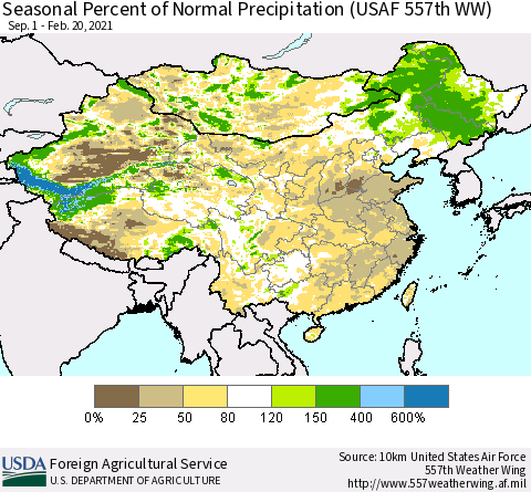 China, Mongolia and Taiwan Seasonal Percent of Normal Precipitation (USAF 557th WW) Thematic Map For 9/1/2020 - 2/20/2021