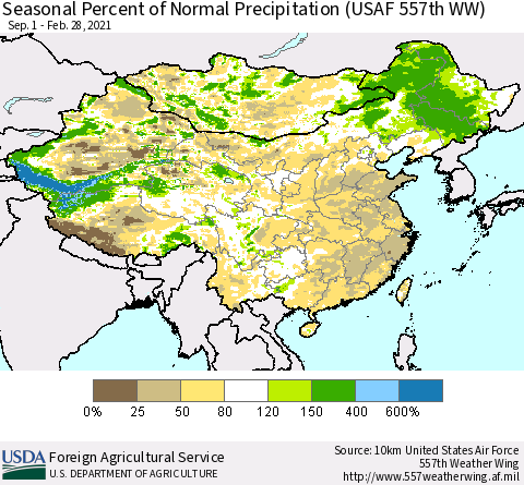 China, Mongolia and Taiwan Seasonal Percent of Normal Precipitation (USAF 557th WW) Thematic Map For 9/1/2020 - 2/28/2021