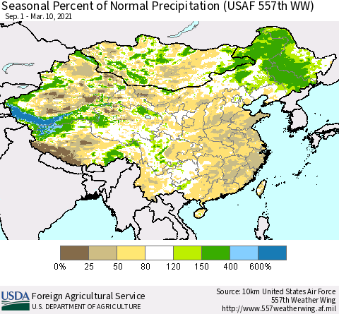 China, Mongolia and Taiwan Seasonal Percent of Normal Precipitation (USAF 557th WW) Thematic Map For 9/1/2020 - 3/10/2021