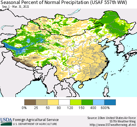 China, Mongolia and Taiwan Seasonal Percent of Normal Precipitation (USAF 557th WW) Thematic Map For 9/1/2020 - 3/31/2021