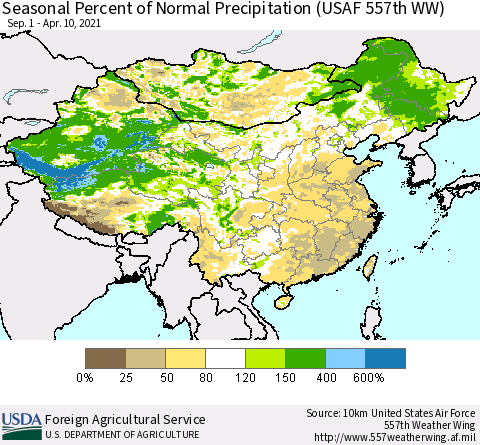 China, Mongolia and Taiwan Seasonal Percent of Normal Precipitation (USAF 557th WW) Thematic Map For 9/1/2020 - 4/10/2021