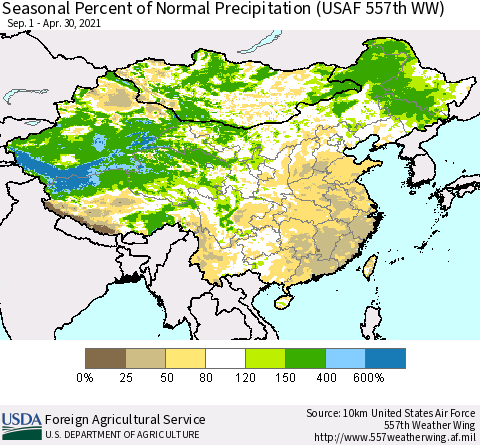 China, Mongolia and Taiwan Seasonal Percent of Normal Precipitation (USAF 557th WW) Thematic Map For 9/1/2020 - 4/30/2021