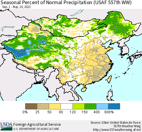 China, Mongolia and Taiwan Seasonal Percent of Normal Precipitation (USAF 557th WW) Thematic Map For 9/1/2020 - 5/10/2021