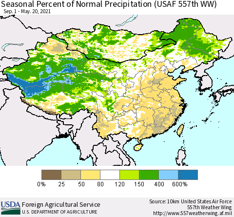China, Mongolia and Taiwan Seasonal Percent of Normal Precipitation (USAF 557th WW) Thematic Map For 9/1/2020 - 5/20/2021