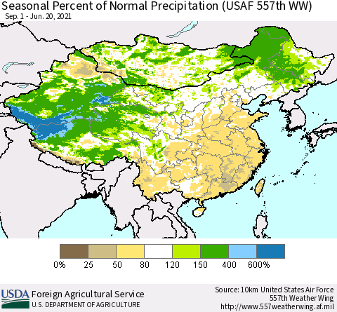 China, Mongolia and Taiwan Seasonal Percent of Normal Precipitation (USAF 557th WW) Thematic Map For 9/1/2020 - 6/20/2021