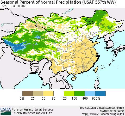 China, Mongolia and Taiwan Seasonal Percent of Normal Precipitation (USAF 557th WW) Thematic Map For 9/1/2020 - 6/30/2021