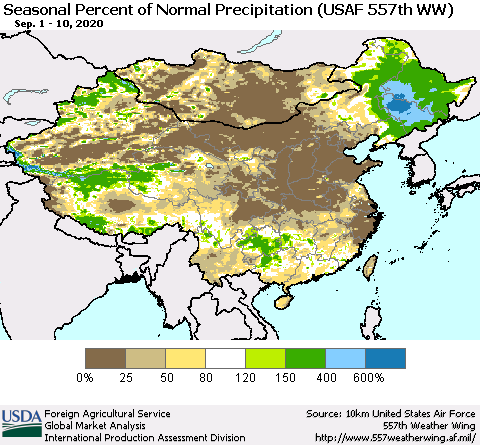 China, Mongolia and Taiwan Seasonal Percent of Normal Precipitation (USAF 557th WW) Thematic Map For 9/1/2020 - 9/10/2020
