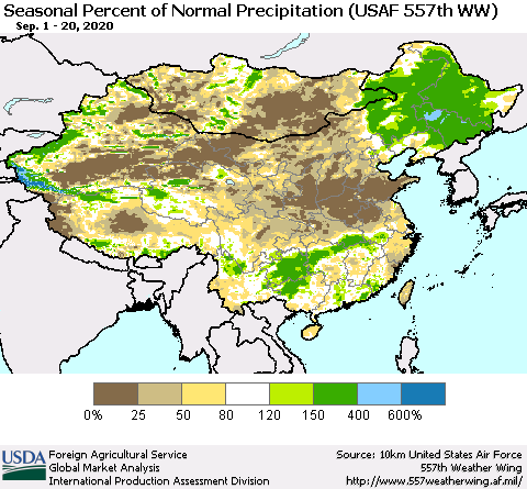 China, Mongolia and Taiwan Seasonal Percent of Normal Precipitation (USAF 557th WW) Thematic Map For 9/1/2020 - 9/20/2020