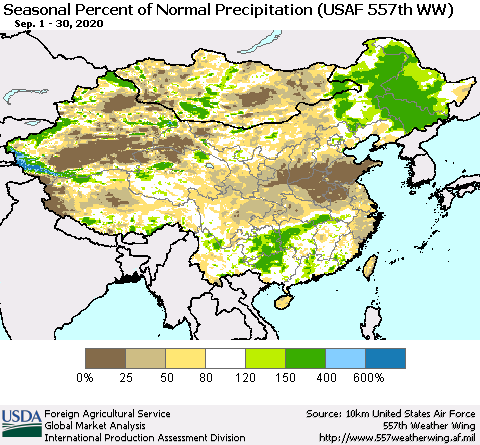 China, Mongolia and Taiwan Seasonal Percent of Normal Precipitation (USAF 557th WW) Thematic Map For 9/1/2020 - 9/30/2020
