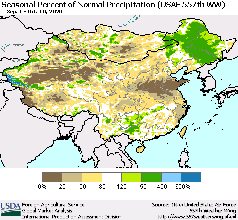China, Mongolia and Taiwan Seasonal Percent of Normal Precipitation (USAF 557th WW) Thematic Map For 9/1/2020 - 10/10/2020