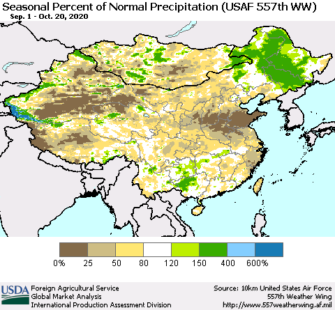 China, Mongolia and Taiwan Seasonal Percent of Normal Precipitation (USAF 557th WW) Thematic Map For 9/1/2020 - 10/20/2020