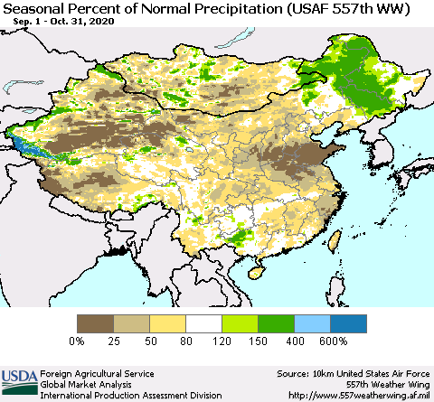 China, Mongolia and Taiwan Seasonal Percent of Normal Precipitation (USAF 557th WW) Thematic Map For 9/1/2020 - 10/31/2020