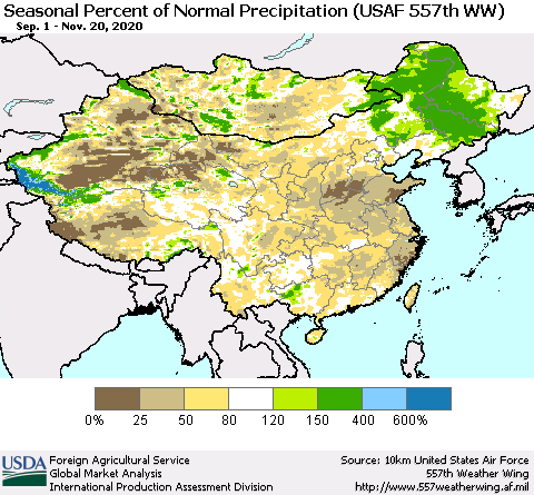 China, Mongolia and Taiwan Seasonal Percent of Normal Precipitation (USAF 557th WW) Thematic Map For 9/1/2020 - 11/20/2020