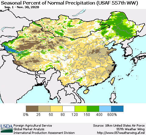 China, Mongolia and Taiwan Seasonal Percent of Normal Precipitation (USAF 557th WW) Thematic Map For 9/1/2020 - 11/30/2020