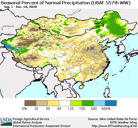 China, Mongolia and Taiwan Seasonal Percent of Normal Precipitation (USAF 557th WW) Thematic Map For 9/1/2020 - 12/10/2020