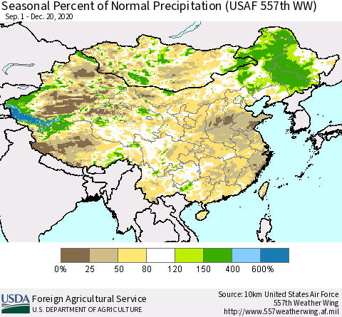 China, Mongolia and Taiwan Seasonal Percent of Normal Precipitation (USAF 557th WW) Thematic Map For 9/1/2020 - 12/20/2020
