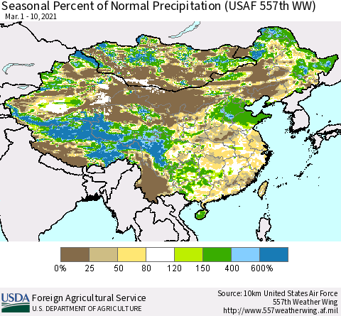 China, Mongolia and Taiwan Seasonal Percent of Normal Precipitation (USAF 557th WW) Thematic Map For 3/1/2021 - 3/10/2021