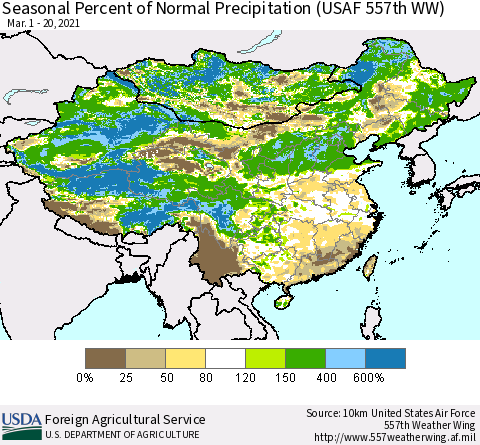 China, Mongolia and Taiwan Seasonal Percent of Normal Precipitation (USAF 557th WW) Thematic Map For 3/1/2021 - 3/20/2021