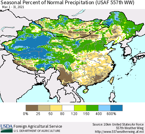 China, Mongolia and Taiwan Seasonal Percent of Normal Precipitation (USAF 557th WW) Thematic Map For 3/1/2021 - 3/31/2021