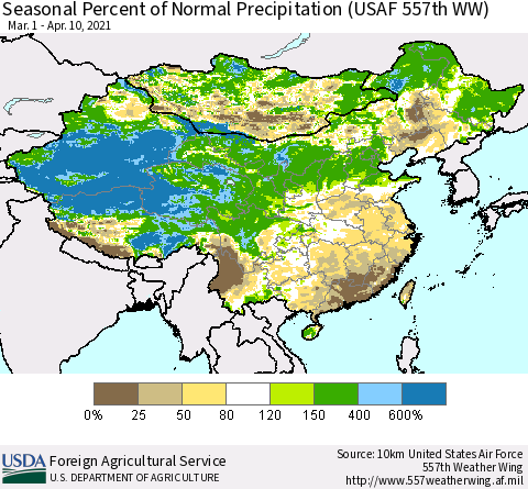 China, Mongolia and Taiwan Seasonal Percent of Normal Precipitation (USAF 557th WW) Thematic Map For 3/1/2021 - 4/10/2021